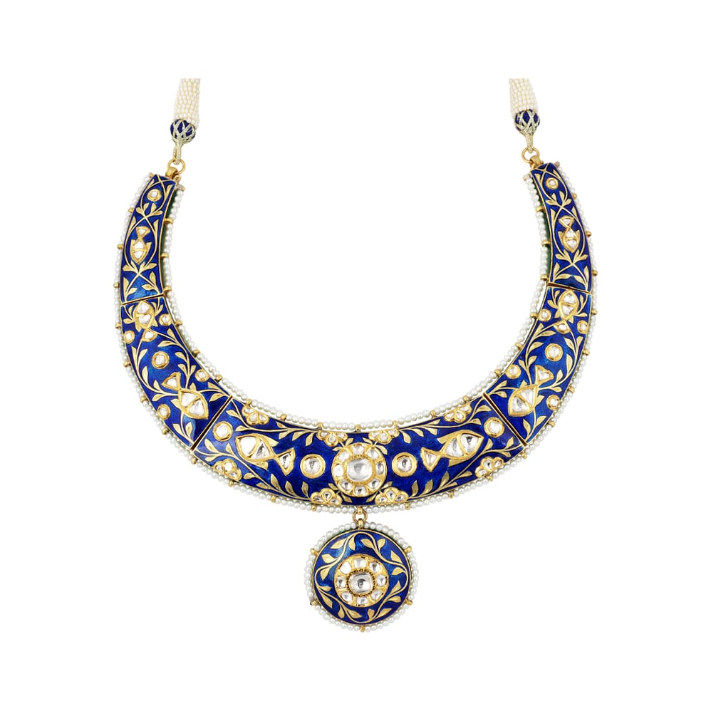 Indigo Enamel Hasli Necklace with Polki and Pearl Detailing